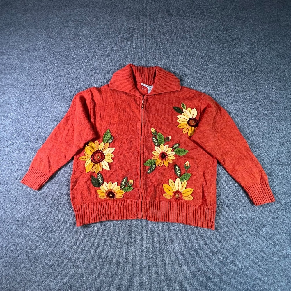 Vintage Carolina Colours Plus Sweater Women 22/24 Orange Knit Sunflower Full Zip